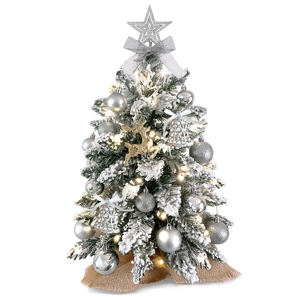 2Ft Mini Christmas Tree with Light Artificial Small Tabletop Christmas Decoration with Flocked Snow, Exquisite Decor & Xmas Ornaments for Table Top for Home & Office